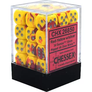 Chessex Gemini 12mm d6 Dice Blocks with pips Dice Blocks (36 Dice) - Red-Yellow w/silver-26850