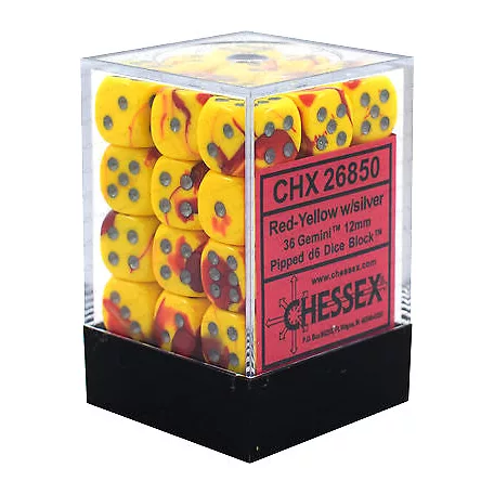 Chessex Gemini 12mm d6 Dice Blocks with pips Dice Blocks (36 Dice) - Red-Yellow w/silver-26850
