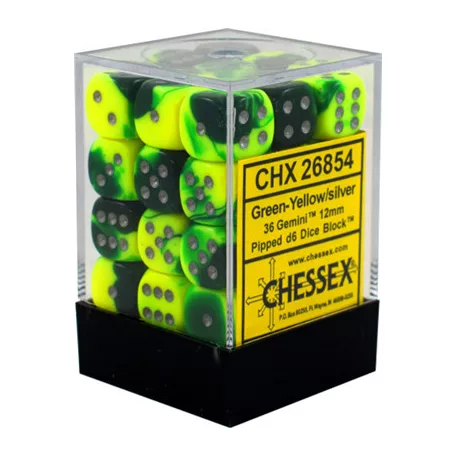 Chessex Gemini 12mm d6 Dice Blocks with pips Dice Blocks (36 Dice) - Green-Yellow w/silver-26854