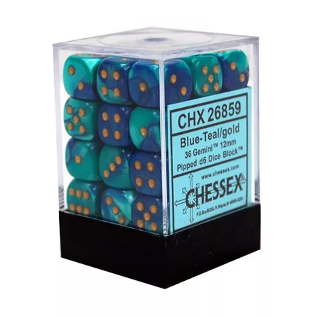 Chessex Gemini 12mm d6 Dice Blocks with pips Dice Blocks (36 Dice) - Blue-Teal w/gold-26859