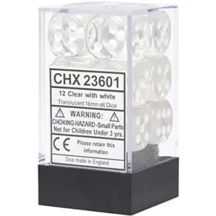 Chessex Translucent 16mm d6 with pips Dice Blocks (12 Dice) - Clear w/white-23601