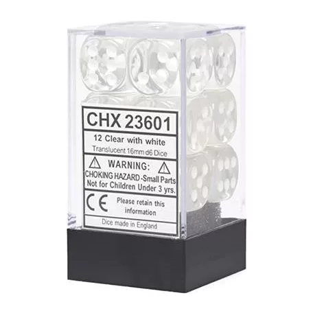 Chessex Translucent 16mm d6 with pips Dice Blocks (12 Dice) - Clear w/white-23601