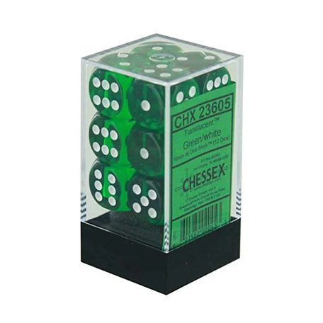 Chessex Translucent 16mm d6 with pips Dice Blocks (12 Dice) - Green w/white-23605