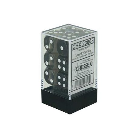 Chessex Translucent 16mm d6 with pips Dice Blocks (12 Dice) - Smoke w/white-23608
