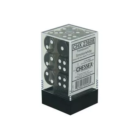 Chessex Translucent 16mm d6 with pips Dice Blocks (12 Dice) - Smoke w/white-23608
