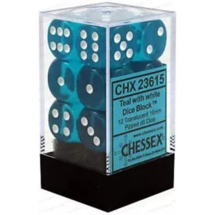 Chessex Translucent 16mm d6 with pips Dice Blocks (12 Dice) - Teal w/white-23615