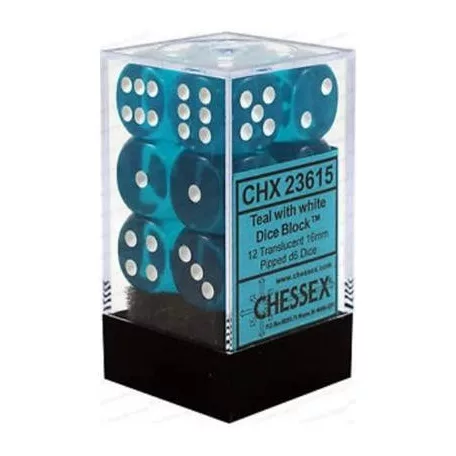Chessex Translucent 16mm d6 with pips Dice Blocks (12 Dice) - Teal w/white-23615