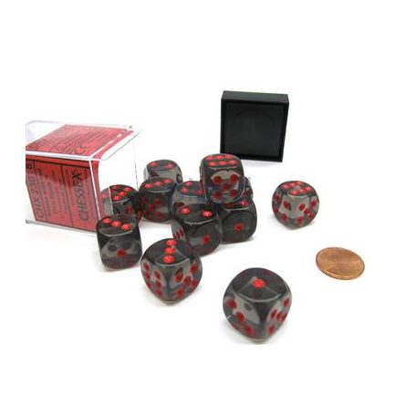 Chessex Translucent 16mm d6 with pips Dice Blocks (12 Dice) - Smoke w/red-23618