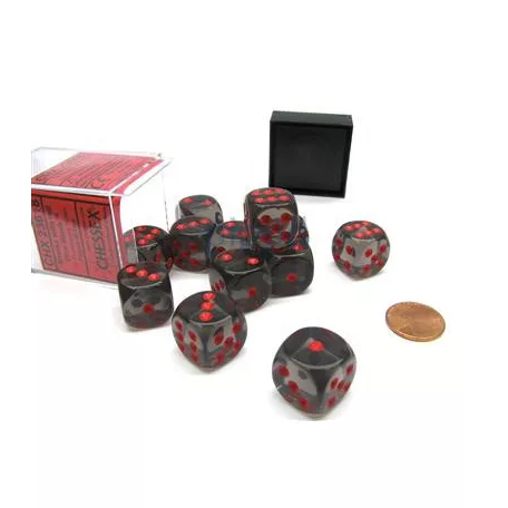 Chessex Translucent 16mm d6 with pips Dice Blocks (12 Dice) - Smoke w/red-23618