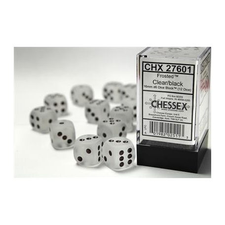 Chessex 16mm d6 with pips Dice Blocks (12 Dice) - Frosted Clear w/black-27601