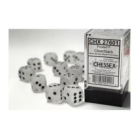 Chessex 16mm d6 with pips Dice Blocks (12 Dice) - Frosted Clear w/black-27601