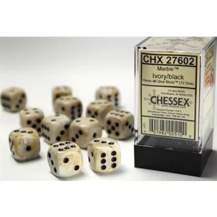 Chessex 16mm d6 with pips Dice Blocks (12 Dice) - Marble Ivory w/black-27602