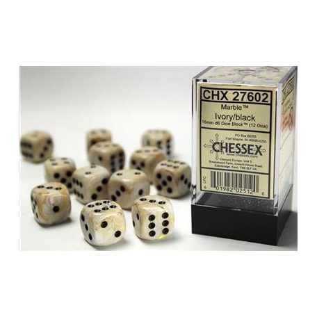 Chessex 16mm d6 with pips Dice Blocks (12 Dice) - Marble Ivory w/black-27602