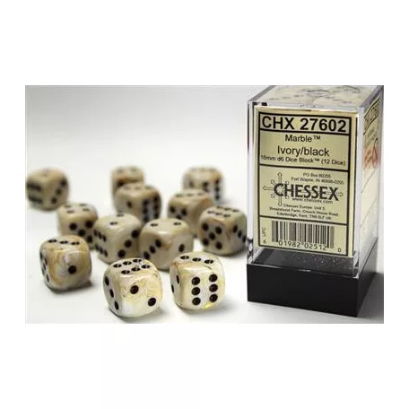 Chessex 16mm d6 with pips Dice Blocks (12 Dice) - Marble Ivory w/black-27602