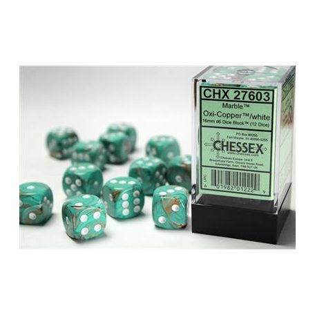 Chessex 16mm d6 with pips Dice Blocks (12 Dice) - Marble Oxi‑Copper/white-27603