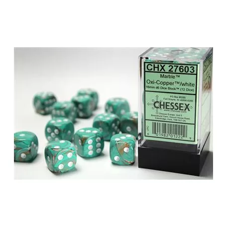 Chessex 16mm d6 with pips Dice Blocks (12 Dice) - Marble Oxi‑Copper/white-27603
