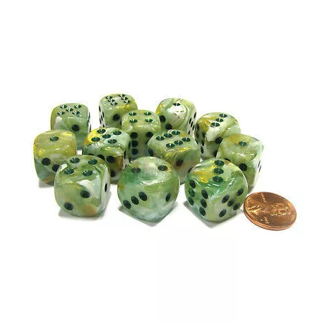 Chessex 16mm d6 with pips Dice Blocks (12 Dice) - Marble Green w/dark green-27609