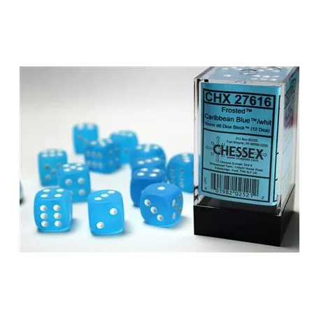 Chessex 16mm d6 with pips Dice Blocks (12 Dice) - Frosted Caribbean Blue w/white-27616