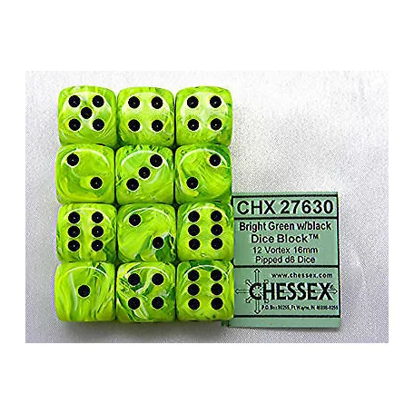 Chessex 16mm d6 with pips Dice Blocks (12 Dice) - Vortex Bright Green w/black-27630