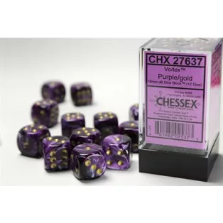 Chessex 16mm d6 with pips Dice Blocks (12 Dice) - Vortex Purple w/gold-27637