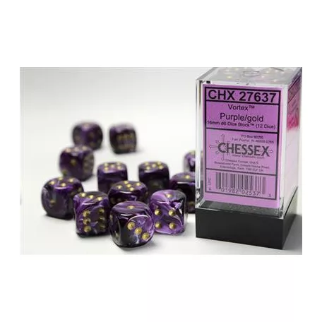 Chessex 16mm d6 with pips Dice Blocks (12 Dice) - Vortex Purple w/gold-27637