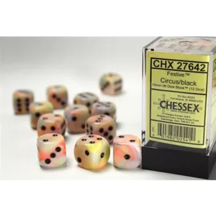 Chessex 16mm d6 with pips Dice Blocks (12 Dice) - Festive Circus w/black-27642