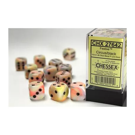 Chessex 16mm d6 with pips Dice Blocks (12 Dice) - Festive Circus w/black-27642