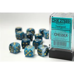 Chessex 16mm d6 with pips Dice Blocks (12 Dice) - Phantom Teal w/gold-27689