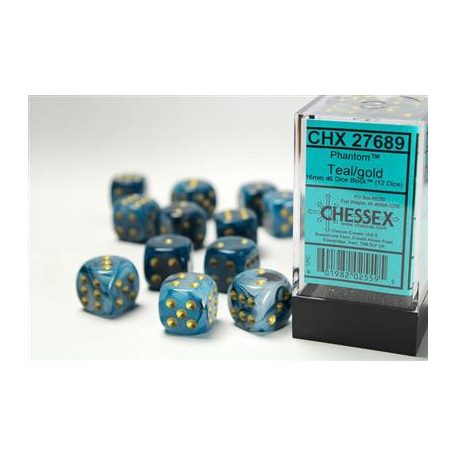 Chessex 16mm d6 with pips Dice Blocks (12 Dice) - Phantom Teal w/gold-27689