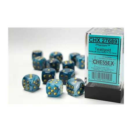 Chessex 16mm d6 with pips Dice Blocks (12 Dice) - Phantom Teal w/gold-27689