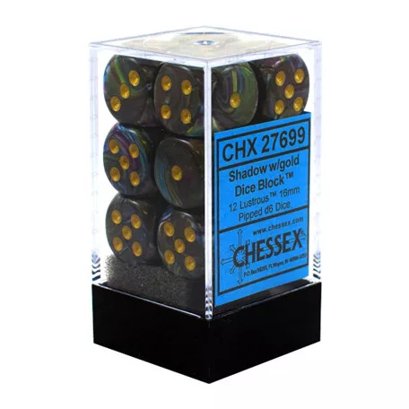 Chessex 16mm d6 with pips Dice Blocks (12 Dice) - Lustrous Shadow w/gold-27699