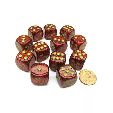 Chessex 16mm d6 with pips Dice Blocks (12 Dice) - Glitter Polyhedral Ruby/gold-27704