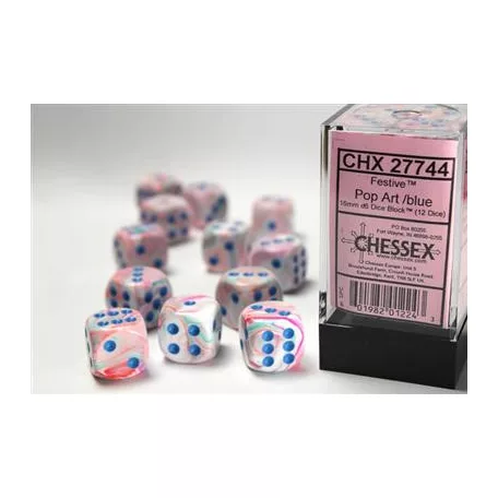 Chessex 16mm d6 with pips Dice Blocks (12 Dice) - Festive Polyhedral Pop Art /blue-27744
