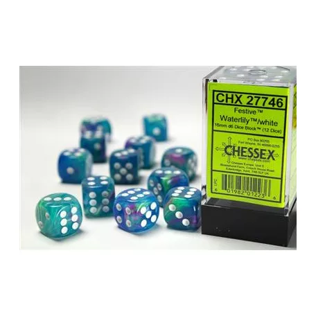 Chessex 16mm d6 with pips Dice Blocks (12 Dice) - Festive Waterlily/white-27746