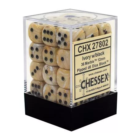 Chessex Signature 12mm d6 with pips Dice Blocks (36 Dice) - Marble Ivory w/black-27802