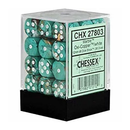 Chessex Signature 12mm d6 with pips Dice Blocks (36 Dice) - Marble Oxi‑Copper/white-27803