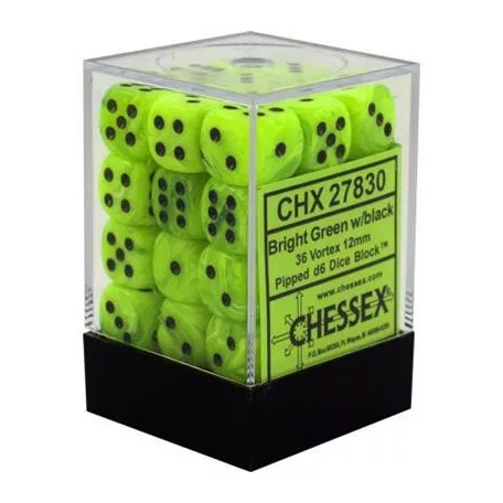 Chessex Signature 12mm d6 with pips Dice Blocks (36 Dice) - Vortex Bright Green w/black-27830