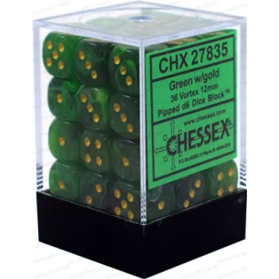 Chessex Signature 12mm d6 with pips Dice Blocks (36 Dice) - Vortex Green w/gold-27835