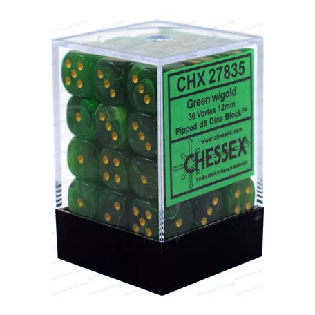 Chessex Signature 12mm d6 with pips Dice Blocks (36 Dice) - Vortex Green w/gold-27835