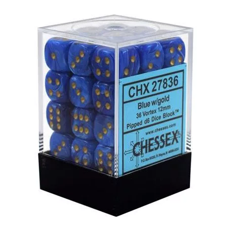 Chessex Signature 12mm d6 with pips Dice Blocks (36 Dice) - Vortex Blue w/gold-27836
