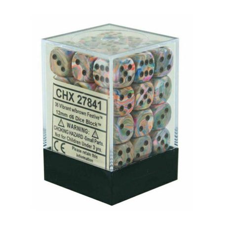 Chessex Signature 12mm d6 with pips Dice Blocks (36 Dice) - Festive Vibrant w/brown-27841