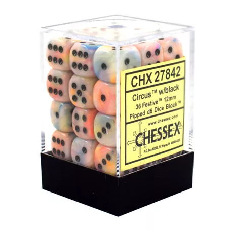 Chessex Signature 12mm d6 with pips Dice Blocks (36 Dice) - Festive Circus w/black-27842