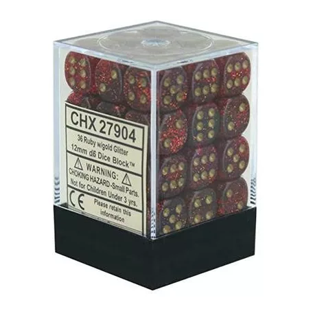 Chessex Signature 12mm d6 with pips Dice Blocks (36 Dice) - Glitter Polyhedral Ruby/gold-27904