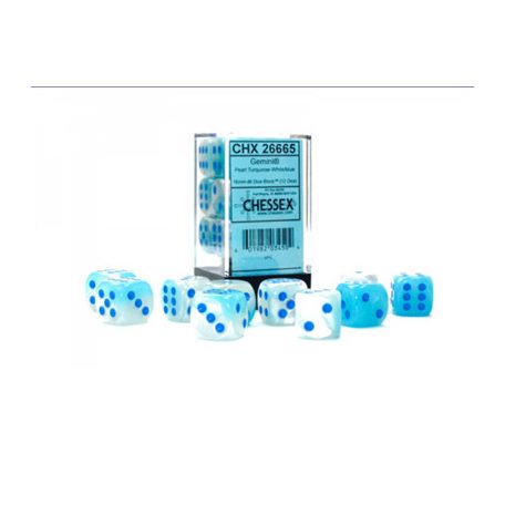 Gemini 16mm d6 Pearl Turquoise-White/blue Luminary Dice Block (12 dice)-26665